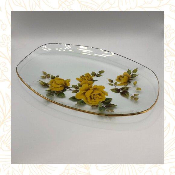 Vintage Mid Century Pilkington Chance Glass Dish With Yellow Roses - Picture 3 of 3